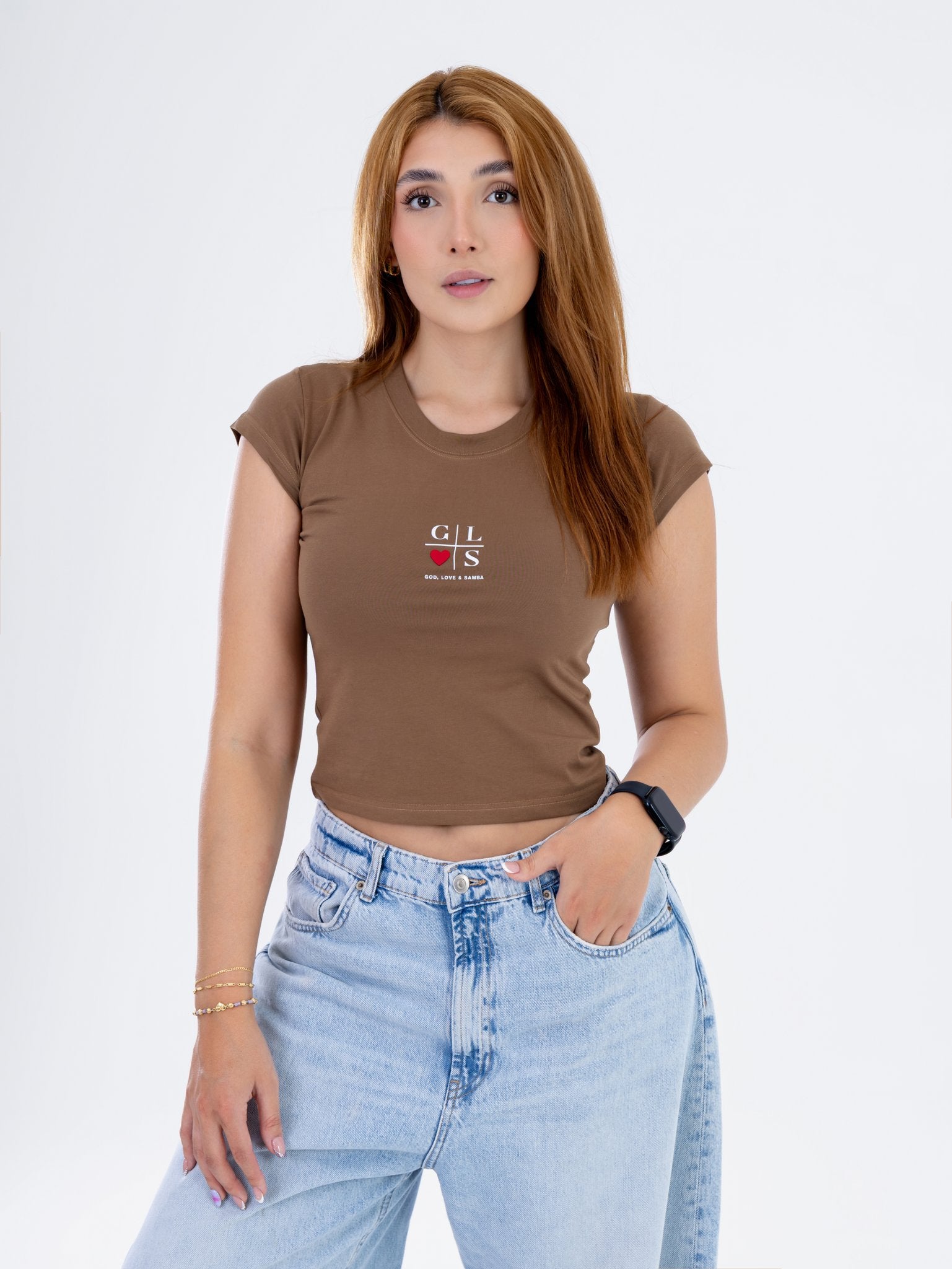 Camiseta Crop Café con Estampado