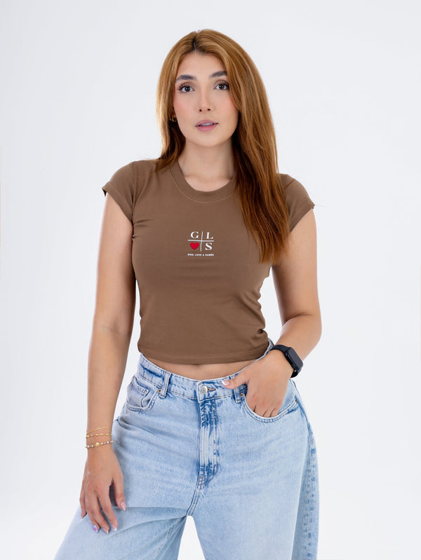 Camiseta Crop Café con Estampado