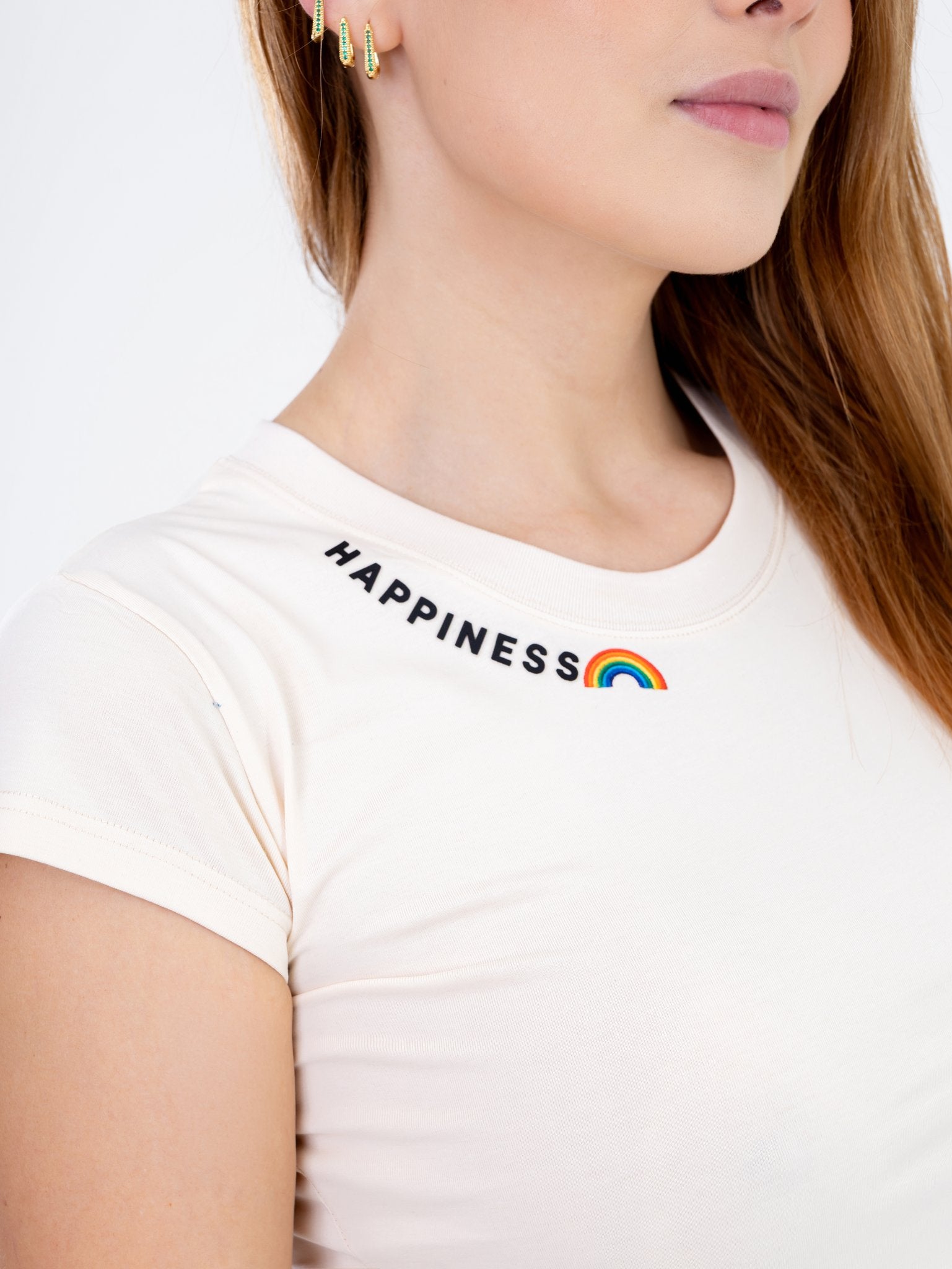 Camiseta Crop Crema Happiness